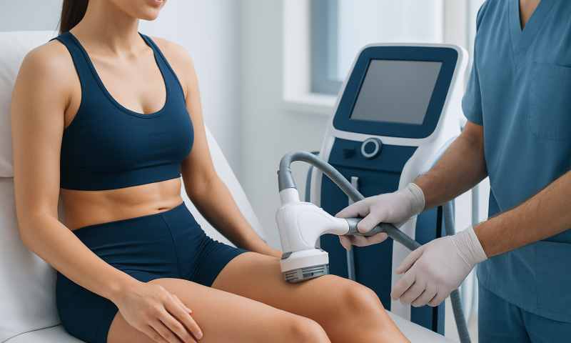 Medical professional performing a non-invasive treatment on a woman's thigh.