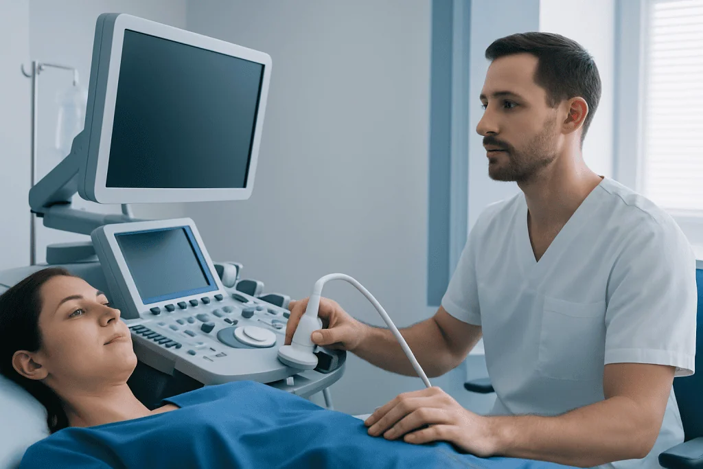Medical professional performing an ultrasound on a patient in a hospital.
