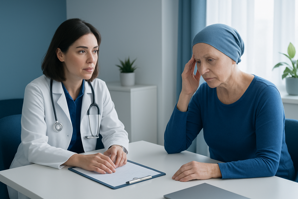 Doctor consulting with a patient undergoing cancer treatment in a clinical setting.