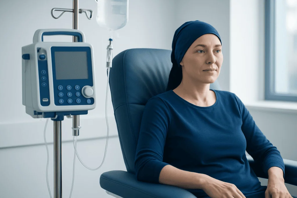 Woman in chemotherapy treatment sitting in hospital chair with IV drip.