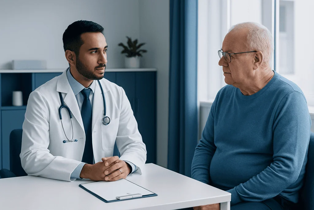 Doctor consulting with elderly patient in a medical office.