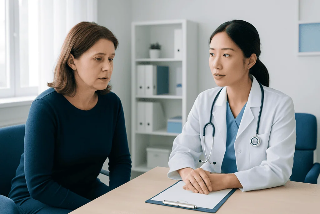 Doctor consulting with a female patient in a medical office.