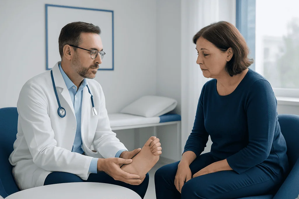 Doctor examining a patient's foot in a medical consultation room.