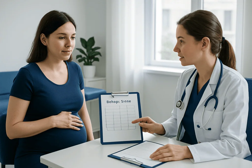 Pregnant woman consulting with a doctor in a medical office.