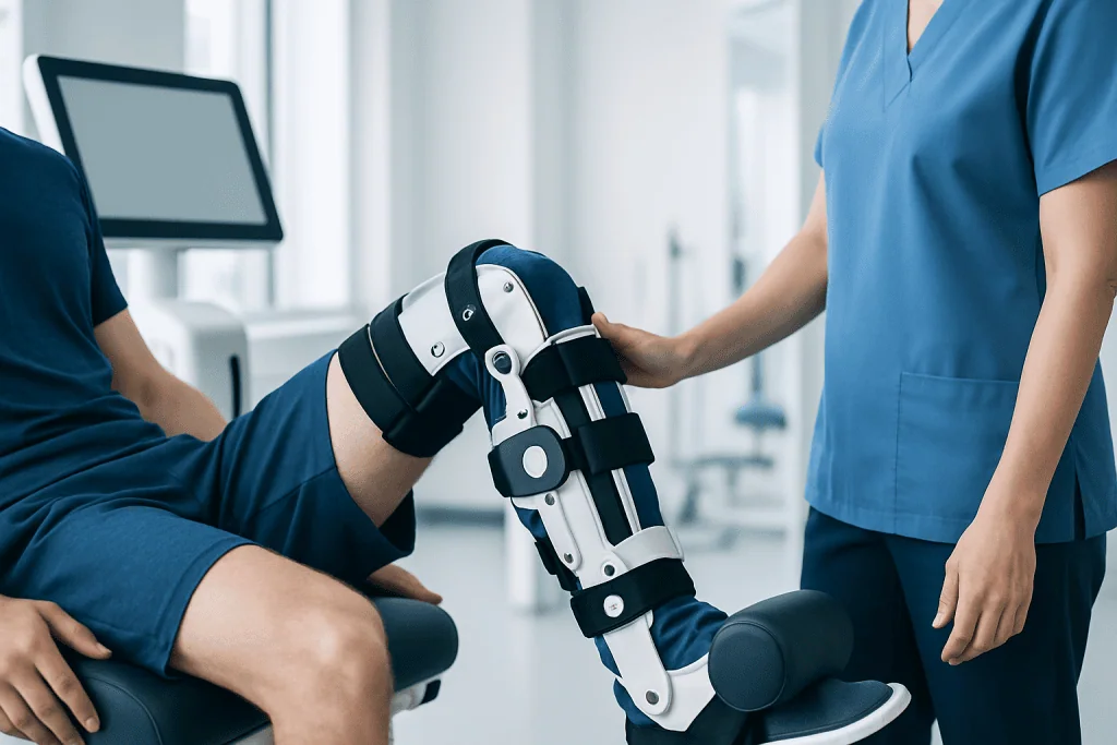 Medical professional examining patient's knee with a brace in a clinical setting.