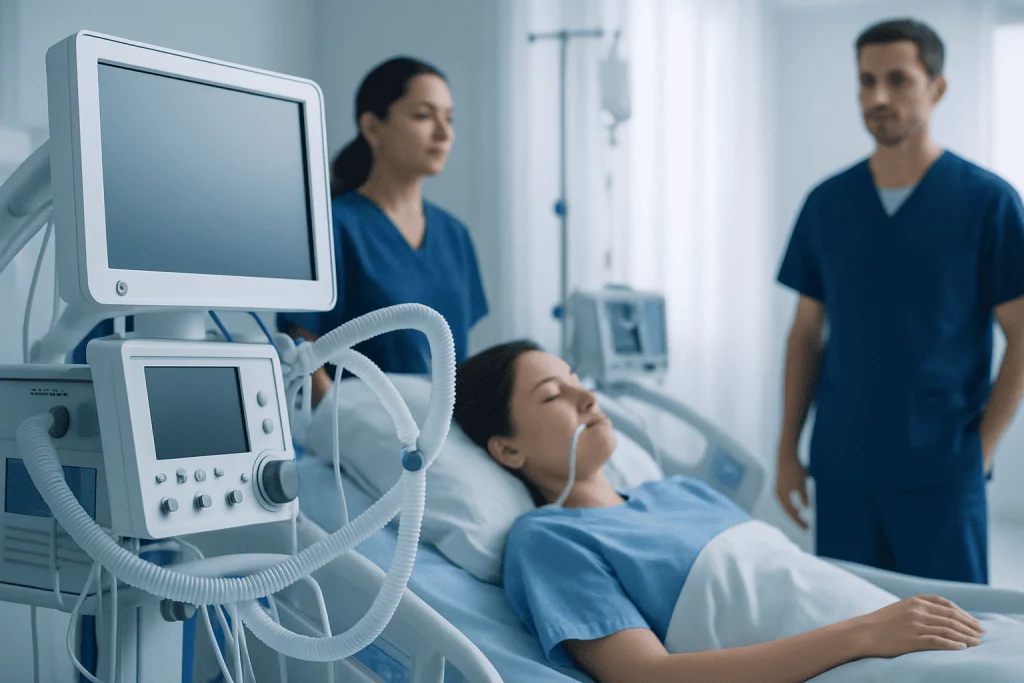 Hospital patient connected to ventilator with medical staff nearby.