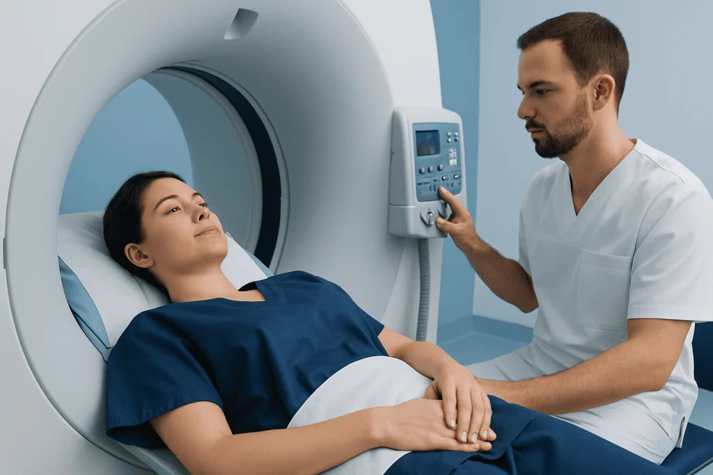 Medical technician preparing MRI scan for patient at Acibadem Hospital.
