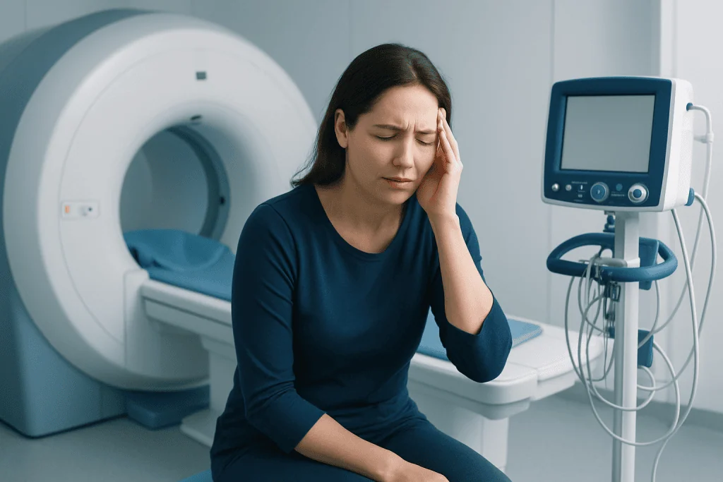 Woman experiencing headache in a medical imaging room at Acibadem Hospital.