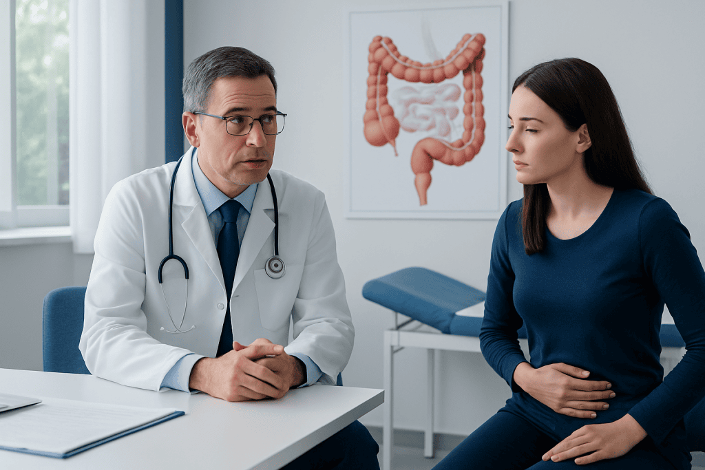 Doctor consulting patient about colon health and stool analysis.