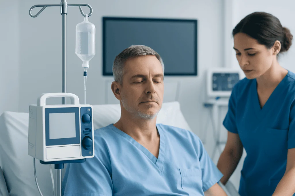 Patient receiving medical care in hospital with IV drip and healthcare professional.