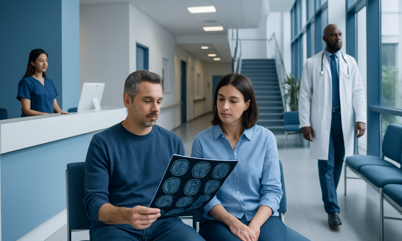 Patients reviewing scan results with medical staff in a hospital corridor.