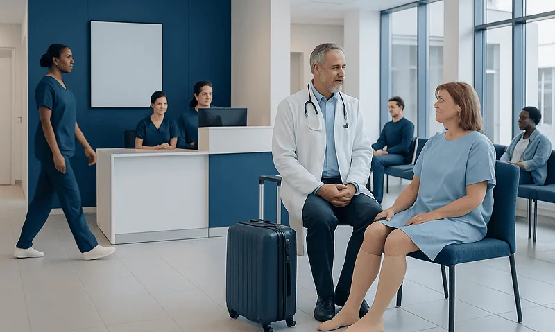 Compression Stockings for Travel After Treatment in Turkey 6 Doctor consulting patient in hospital waiting area with medical staff nearby.