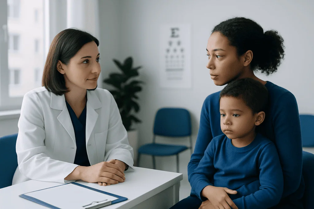Doctor consulting with mother and child in a medical office.