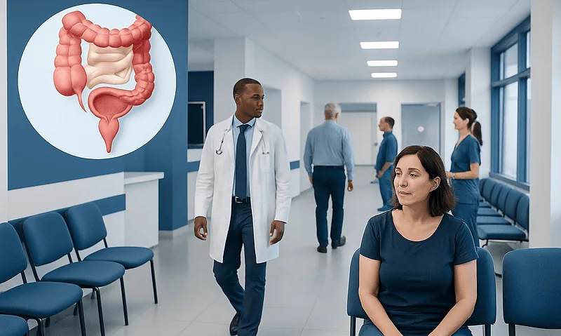 Doctor consulting with patient in hospital corridor with medical diagram of intestines.
