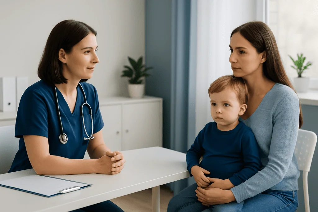 Pediatric consultation with a doctor and mother discussing child's health.