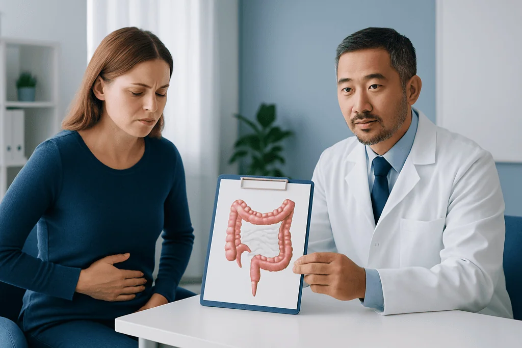 Doctor explaining colon health to a patient with a model of the human colon.