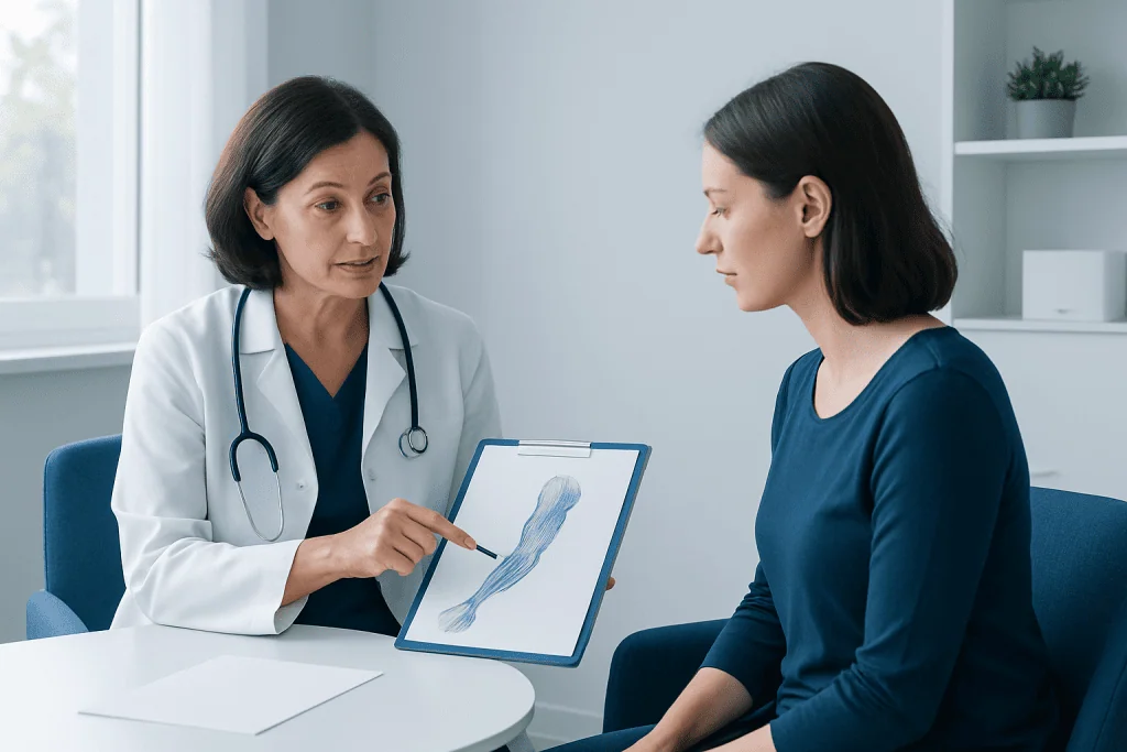 Doctor explaining cording to a patient with medical diagram.