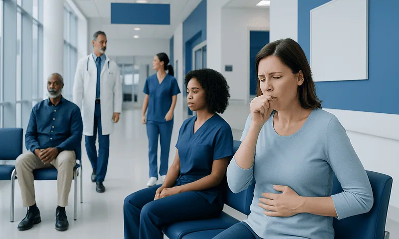 Patient experiencing bloating discomfort in a hospital waiting area.