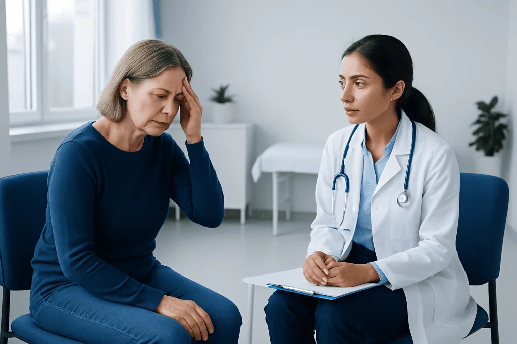 Doctor consulting with a patient experiencing headache in a medical office.