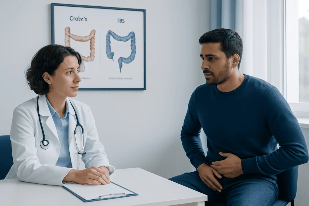 Doctor explaining Crohn's disease and IBS to patient in consultation room.