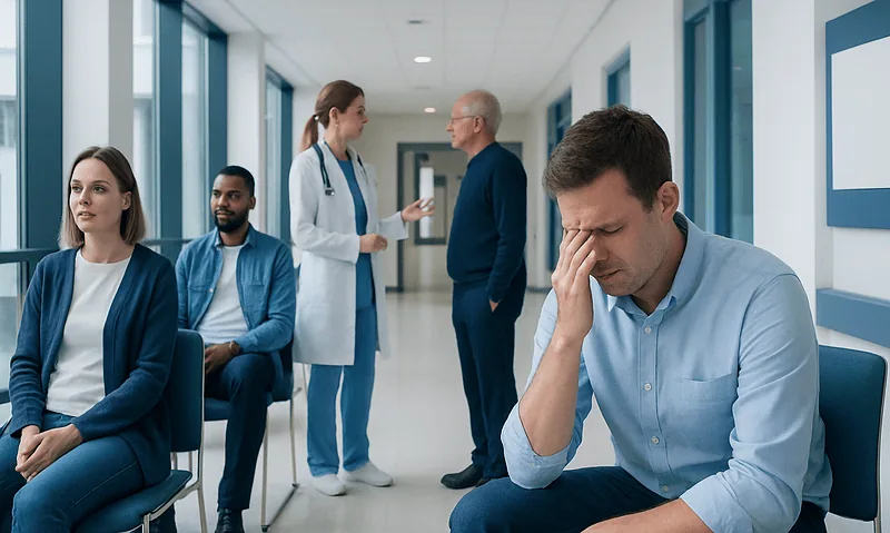 Patient experiencing discomfort in a hospital corridor with medical staff nearby.