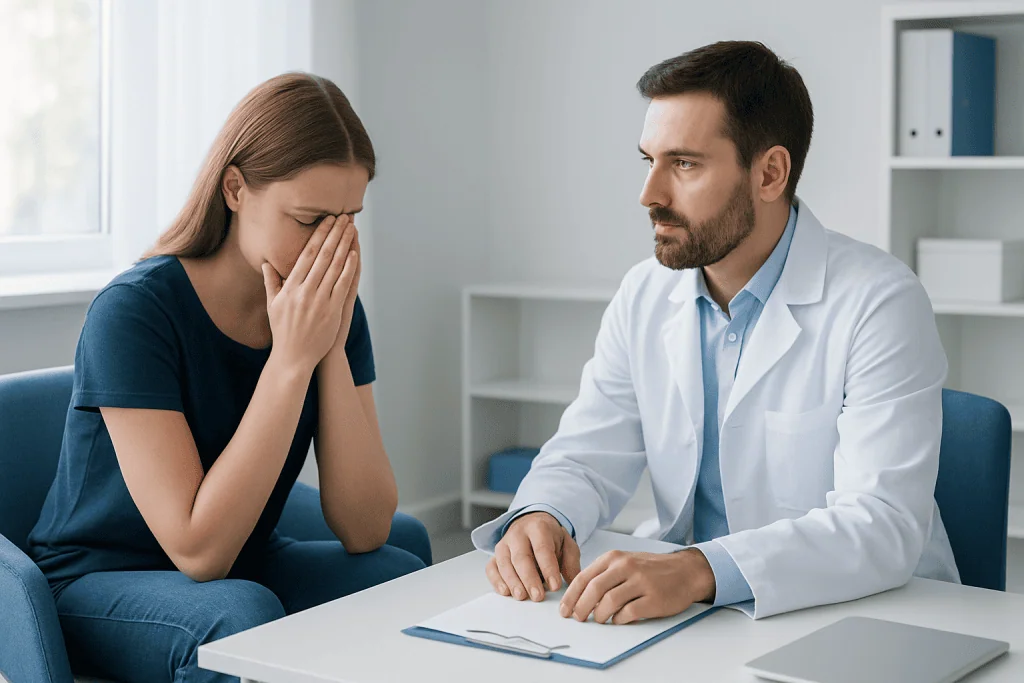 Doctor consulting with a distressed woman in a medical office.