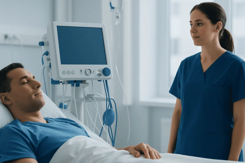 Patient in hospital bed with nurse and medical monitor in background.