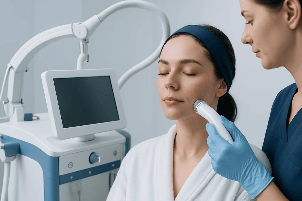 Dermatologist performs facial skin analysis with advanced equipment.
