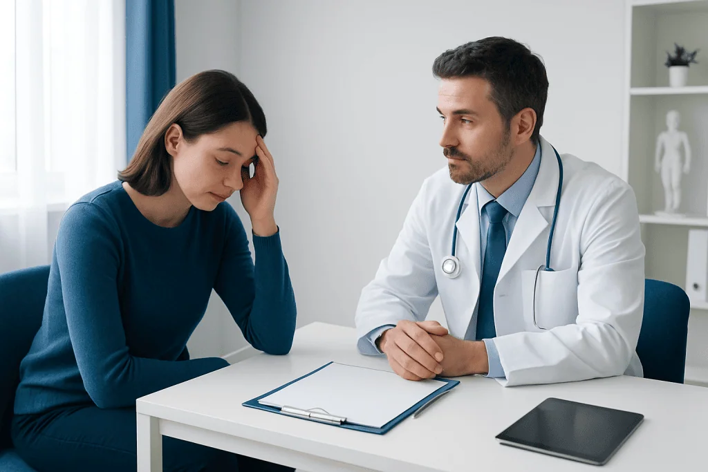 Doctor consulting with a woman experiencing stress or fatigue.