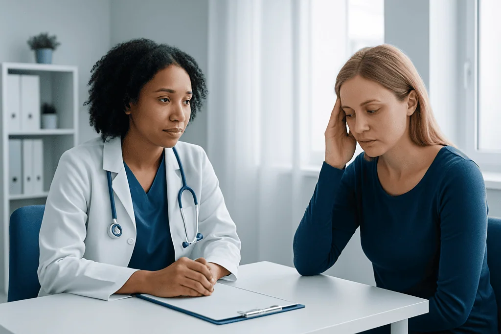 Doctor consulting with a patient about health concerns in a medical office.