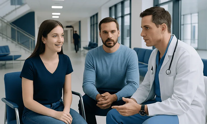 Doctor consulting with young female patient and male companion in hospital corridor.