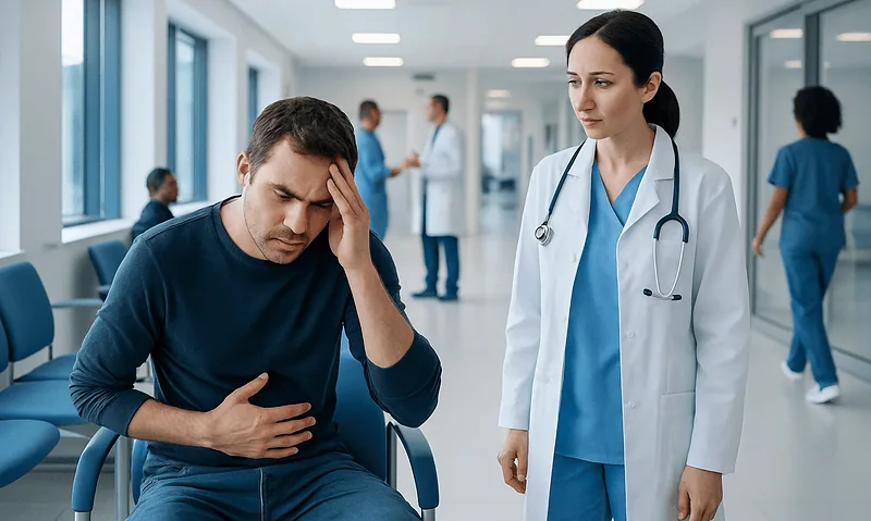 Patient experiencing stomach pain in hospital corridor with medical staff nearby.