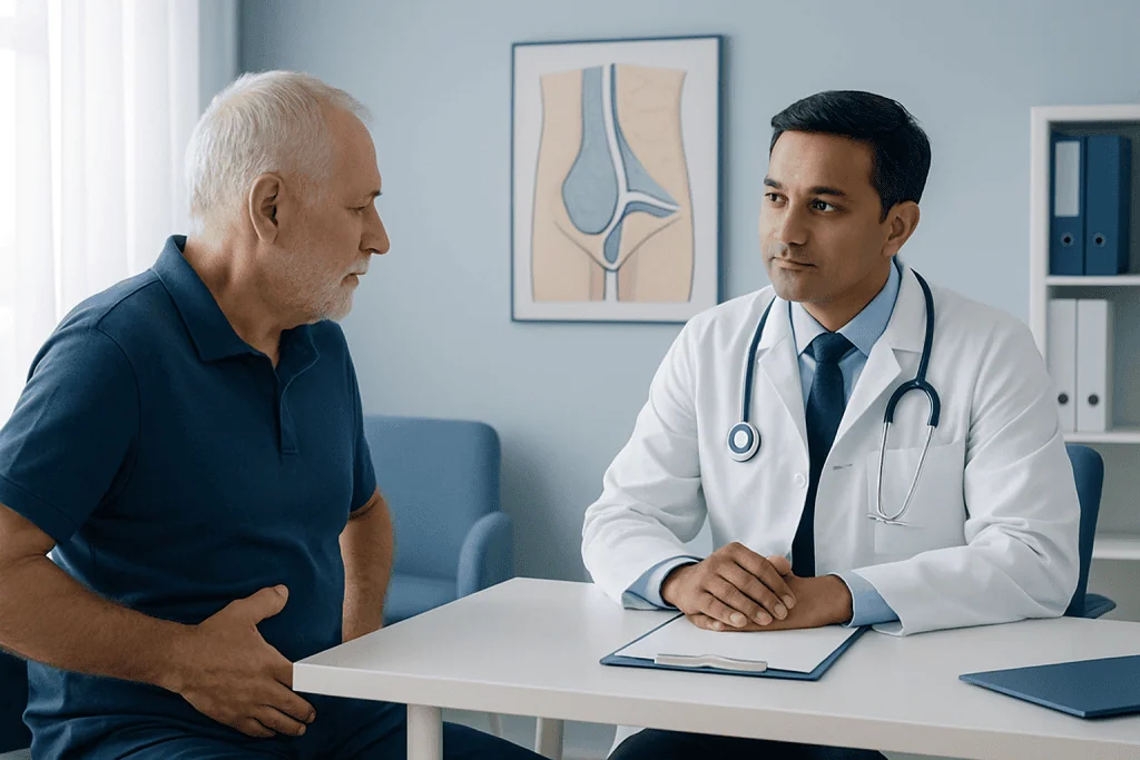 Doctor consulting with a patient about inguinal hernia treatment options.