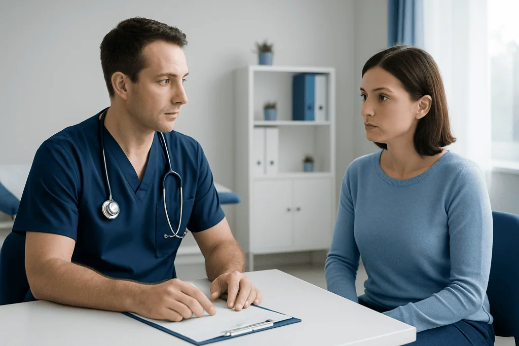 Doctor consulting with a patient in a medical office setting.