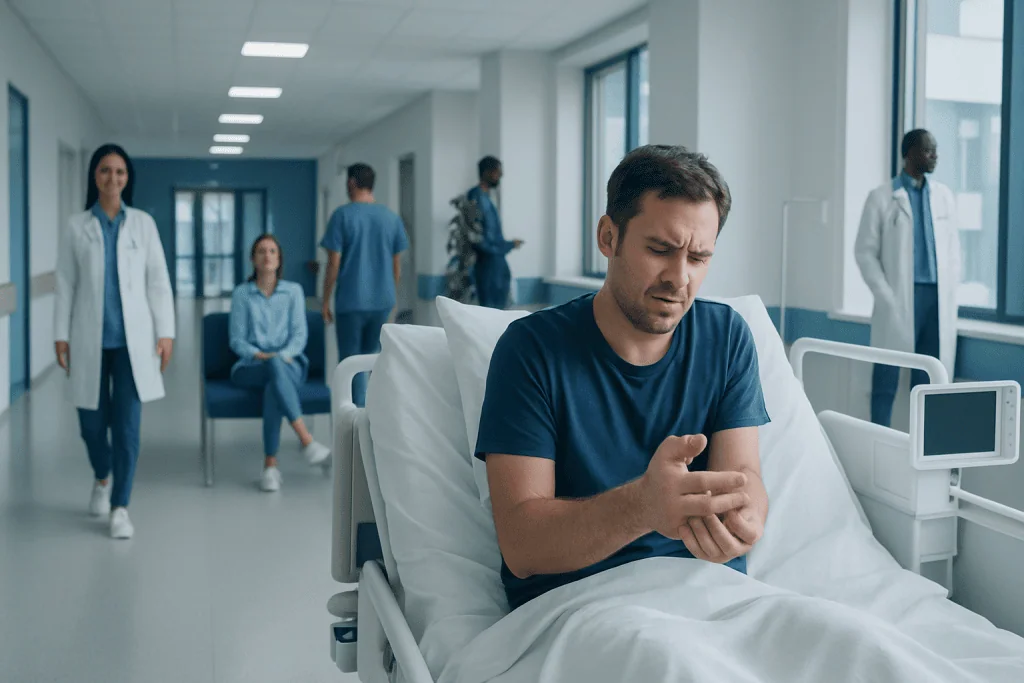 Waking Up with Numb Hands Explained: Common Triggers and Red Flags 1 Man with wrist pain in hospital bed with medical staff nearby.