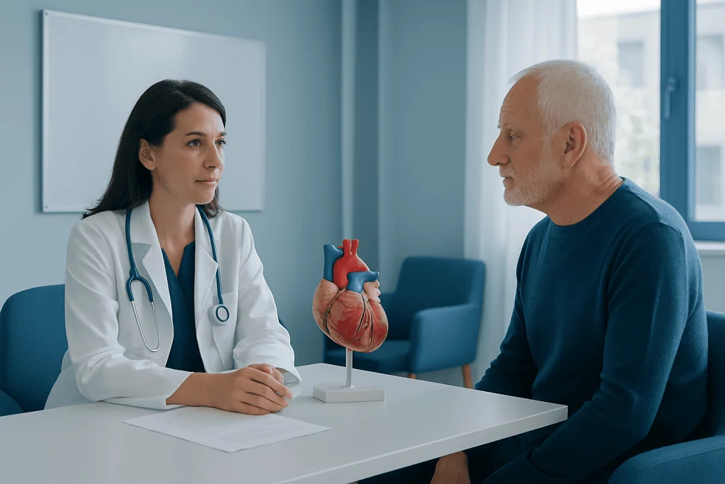 Doctor explaining heart health to an elderly patient with a heart model.
