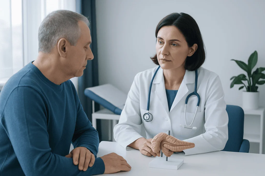 Doctor explaining pancreatic anatomy to a patient in a consultation room.