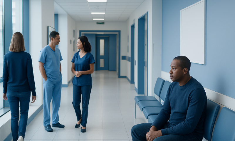 Hospital corridor with medical staff and patient waiting area.