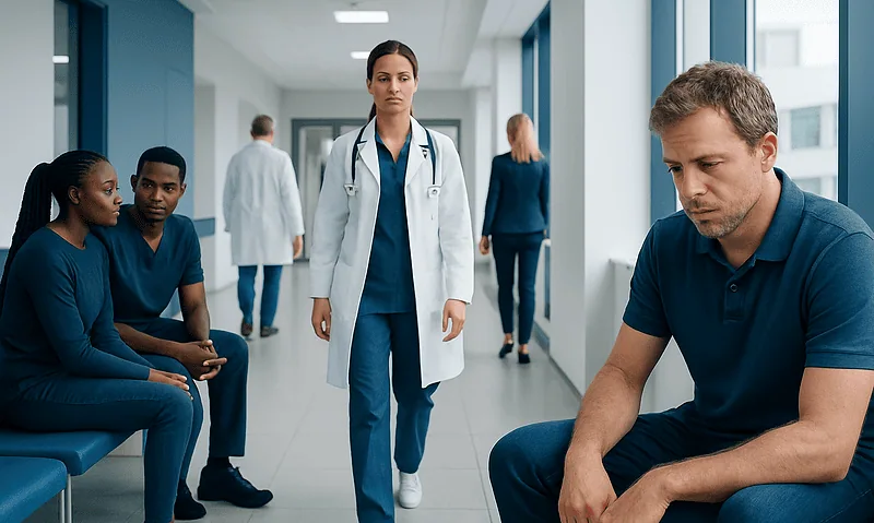 Health Library 18 Patients waiting in a hospital corridor with a healthcare professional present.