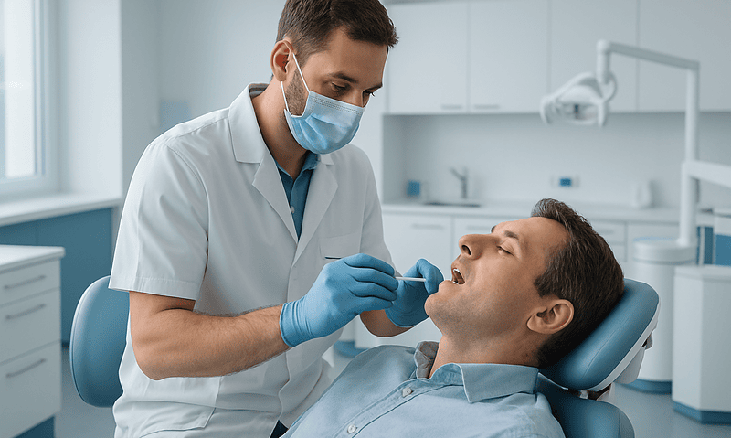 Dentist examining patient's teeth in a modern dental clinic.