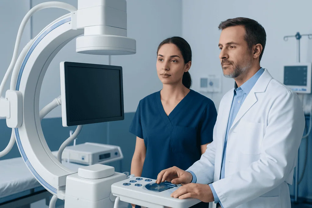 Medical professionals operating imaging equipment in a hospital setting.