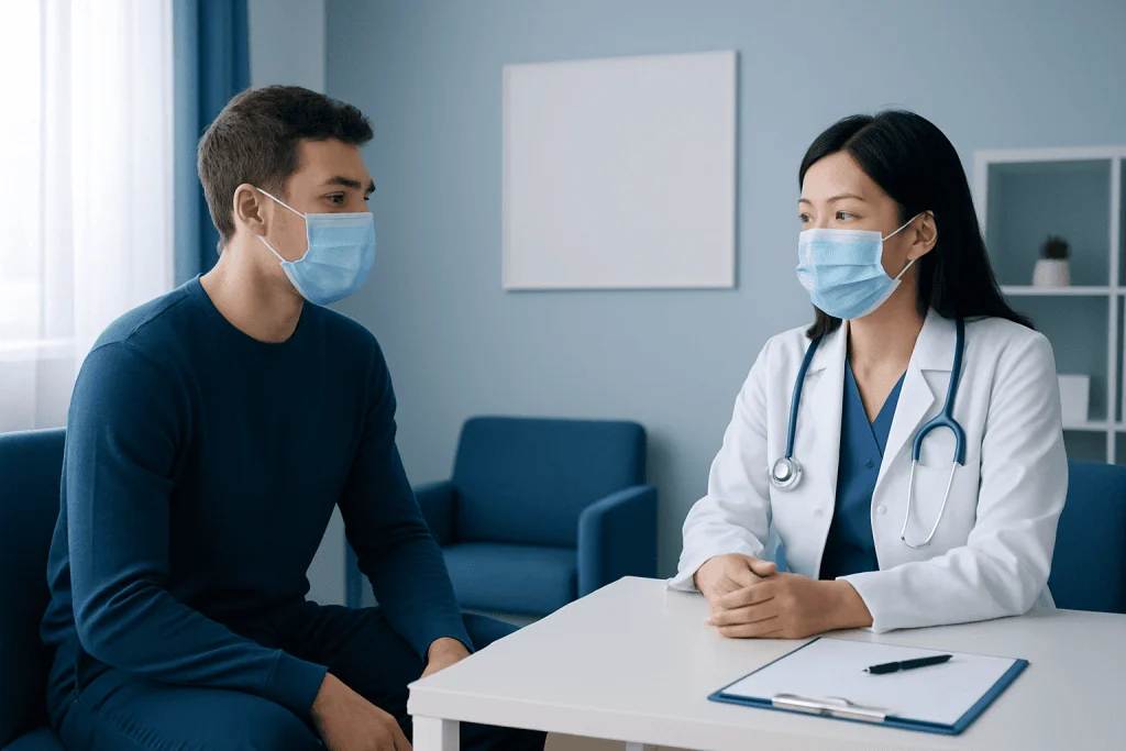 Doctor and patient wearing masks in consultation at Acibadem Hospital.