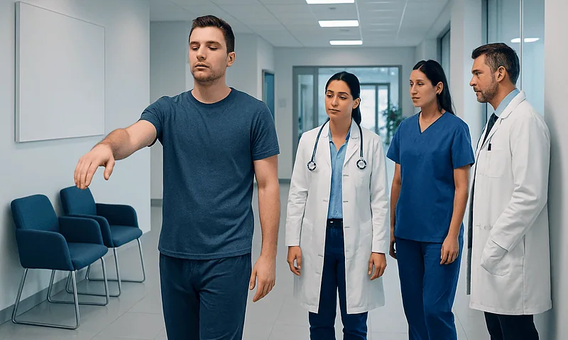 Patient walking in hospital corridor with medical staff observing.