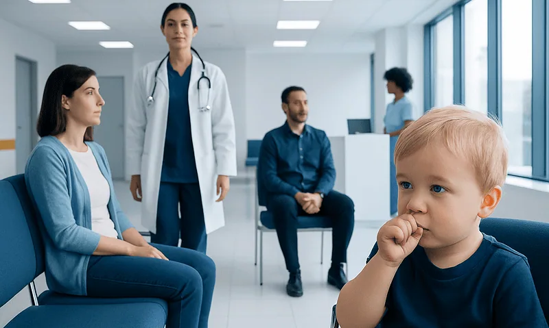Child sucking thumb during a medical consultation at Acibadem Hospital.