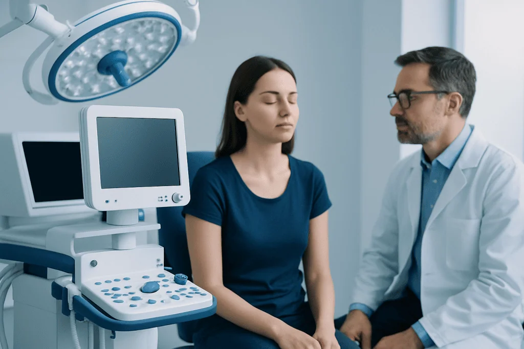 Doctor consulting with patient in a medical examination room.