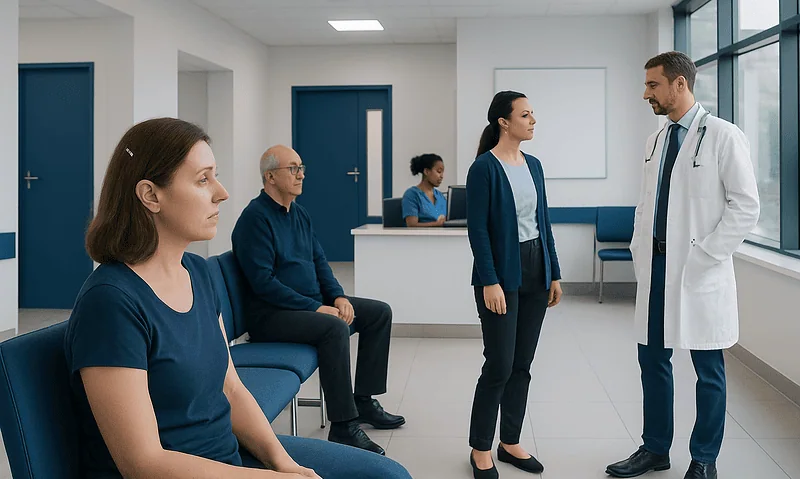 Patients waiting in a hospital corridor for cochlear implant consultation.