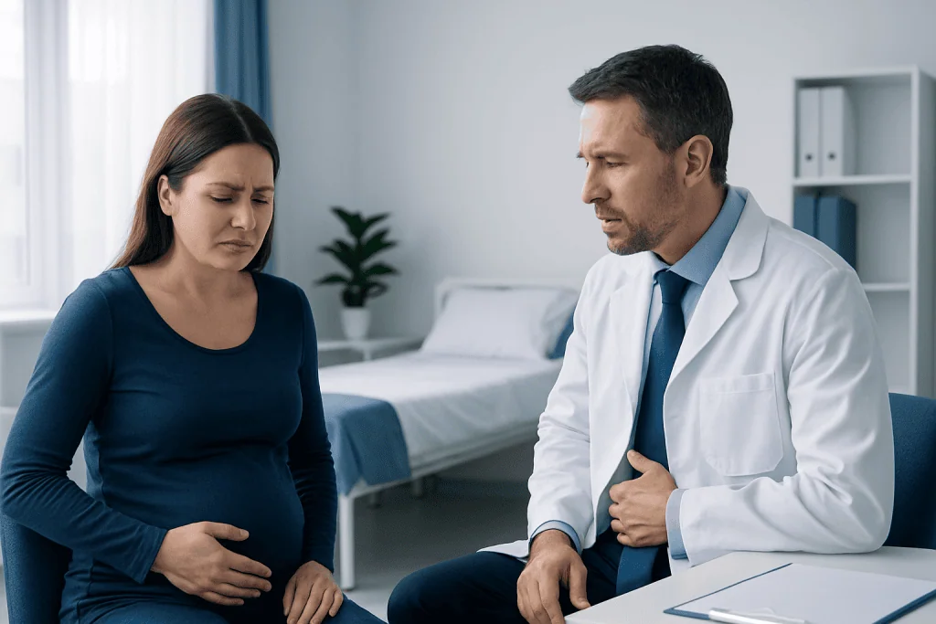 Doctor consulting pregnant woman about symptoms in a hospital room.