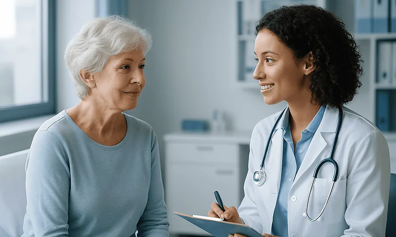 Blog 6 Doctor consulting with elderly patient in a medical office.