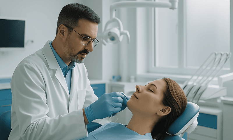 Dentist examining a patient's mouth in a modern dental clinic.
