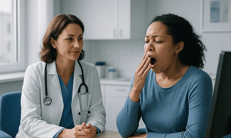 Doctor consulting with a patient yawning in a medical office.